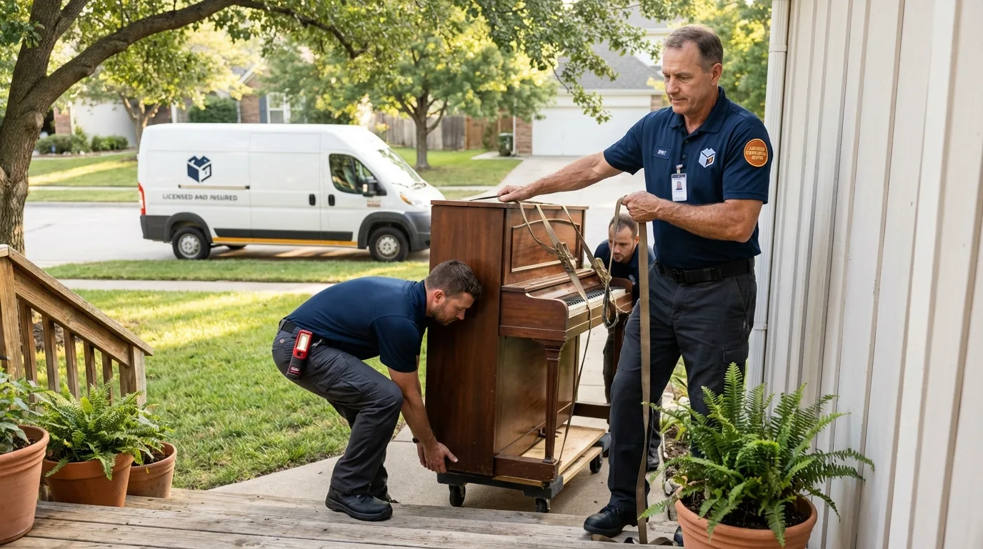 Licensed piano movers securing grand piano in Condon, OR