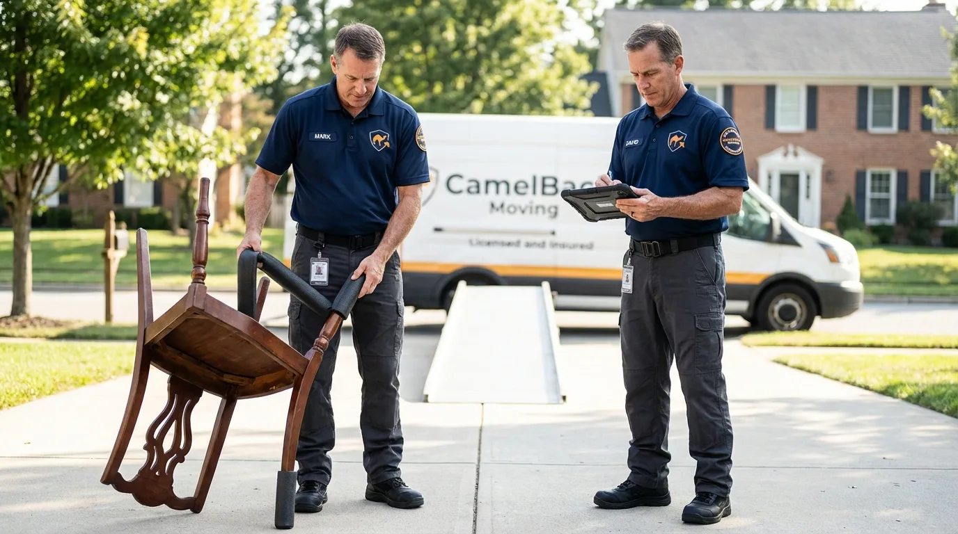 Movers inspecting furniture for damage prevention before loading in Condon, OR