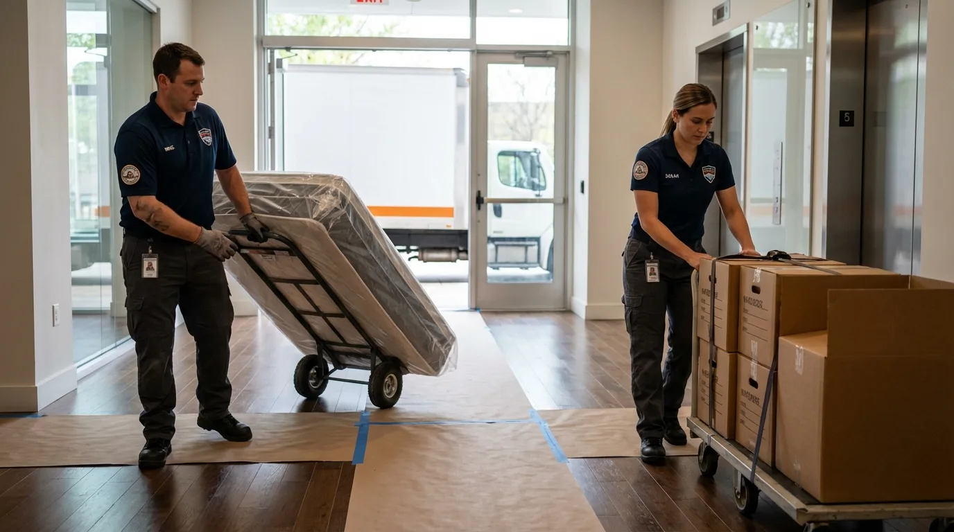 Professional apartment movers loading elevator in Condon, OR